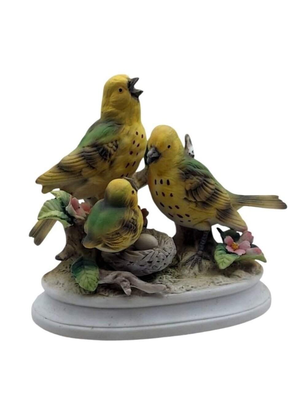 Royal Crown Porcelain Yellow Bird Family Figurine W/ Nest & Pink Flowers Vintage